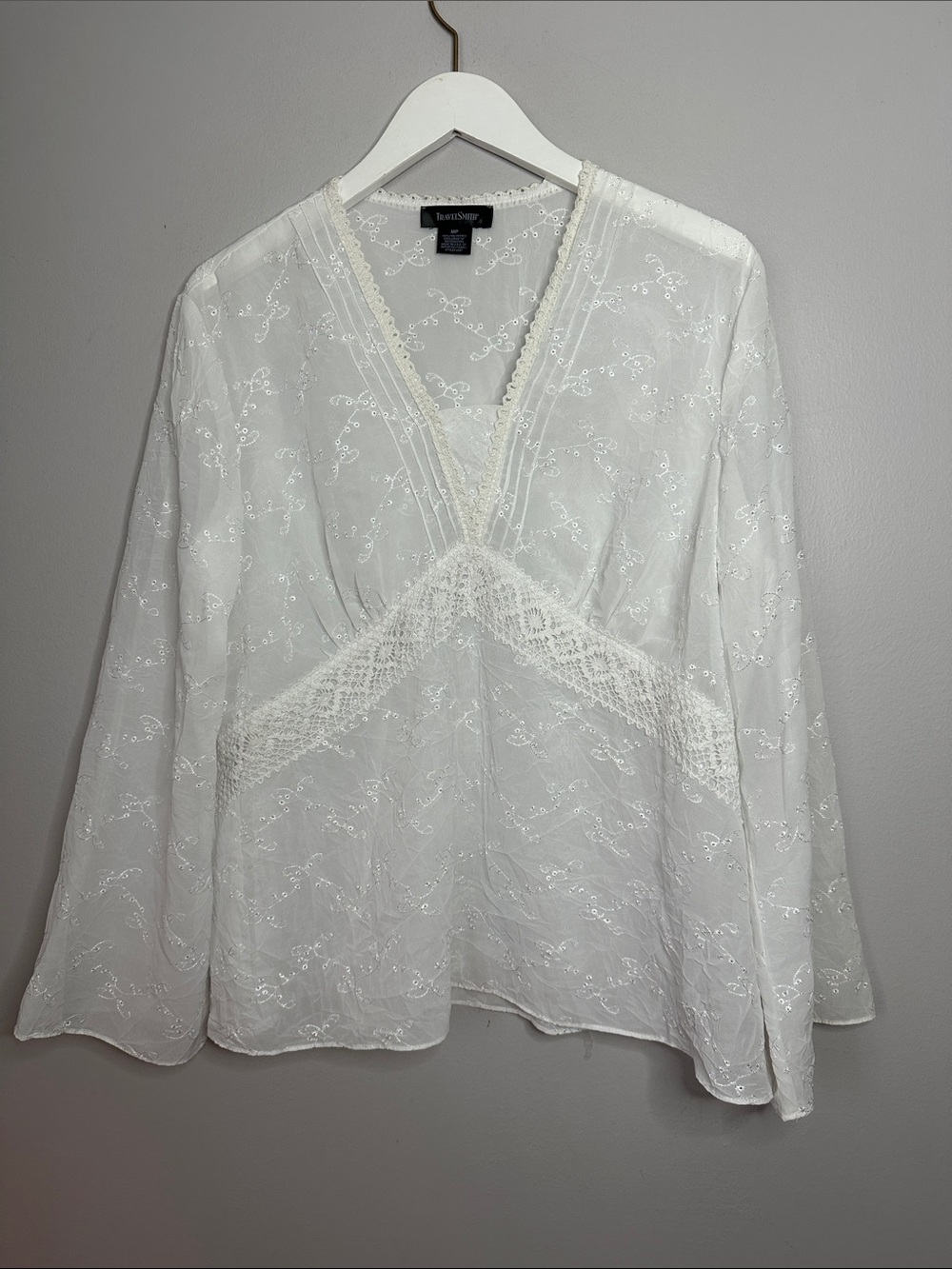 TravelSmith White Lace-Trim V-Neck Peasant Blouse